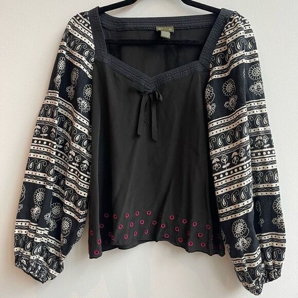 Anthropologie Fei Womens Blouse Embroidered Silky Boho Print Long Sleeve Black S - Picture 1 of 9